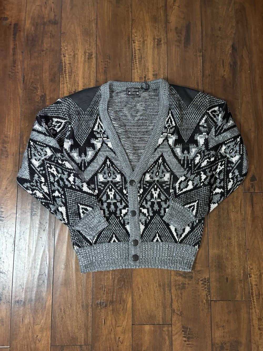 Vintage Willow Bay Cardigan Mens M Gray Leather Shoulders Geometric Grandpa